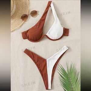 NWOT SHEIN Two Tone Brown & White Rib Underwire Bikini Swimsuit
